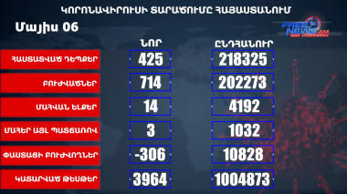 Հայաստանում հաստատվել է կորոնավիրուսի 425 նոր դեպք, առողջացել է 714 մարդ