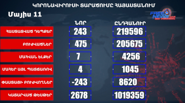 Հայաստանում հաստատվել է կորոնավիրուսի 243 նոր դեպք, առողջացել է 475 մարդ