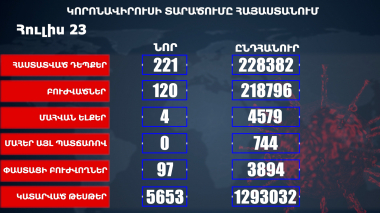 Հաստատվել է կորոնավիրուսի 221 նոր դեպք, առողջացել 120 քաղաքացի