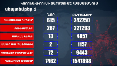 Հայաստանում հաստատվել է կորոնավիրուսի 615 նոր դեպք