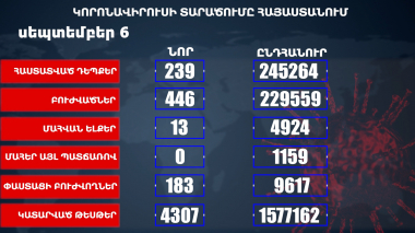 Հաստատվել է կորոնավիրուսի 239 նոր դեպք, առողջացել 446 քաղաքացի