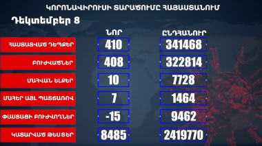Հաստատվել է կորոնավիրուսի 410 նոր դեպք, առողջացել 408 քաղաքացի