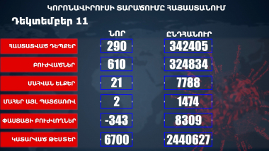 Հաստատվել է կորոնավիրուսի 290 նոր դեպք, առողջացել 610 քաղաքացի