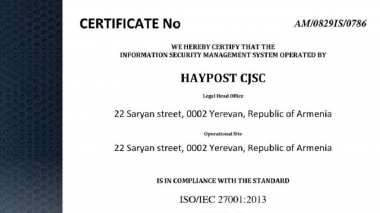 ՀայՓոստը ստացել է ISO 27001 միջազգային սերտիֆիկատ