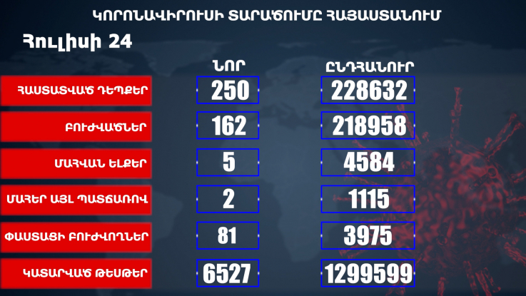 Հաստատվել է կորոնավիրուսի 250 նոր դեպք, առողջացել 162 քաղաքացի