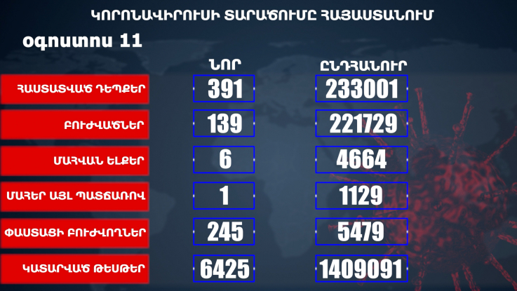 Հաստատվել է կորոնավիրուսի 391 նոր դեպք, առողջացել 139 քաղաքացի