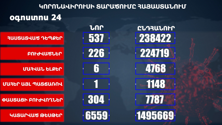 Հաստատվել է կորոնավիրուսի 537 նոր դեպք, առողջացել 226 քաղաքացի