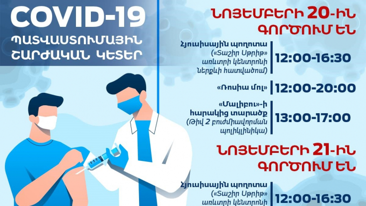 COVID-19-ի դեմ պատվաստումների շարժական կետերի աշխատանքային գրաֆիկը նոյեմբերի 20-ի և 21-ի համար